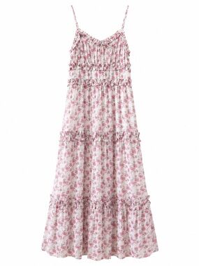 Altar’d State Floral Ruffle Tiered Maxi Dress Pink Cottagecore Size Small